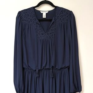 White House Black Market Size 6 Boho Navy‎ Blue Long Sleeve Dress Tassel